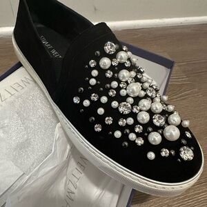 New Stuart Weitzman Black Slip-On Sneakers with Pearl and Crystal Accents , 9